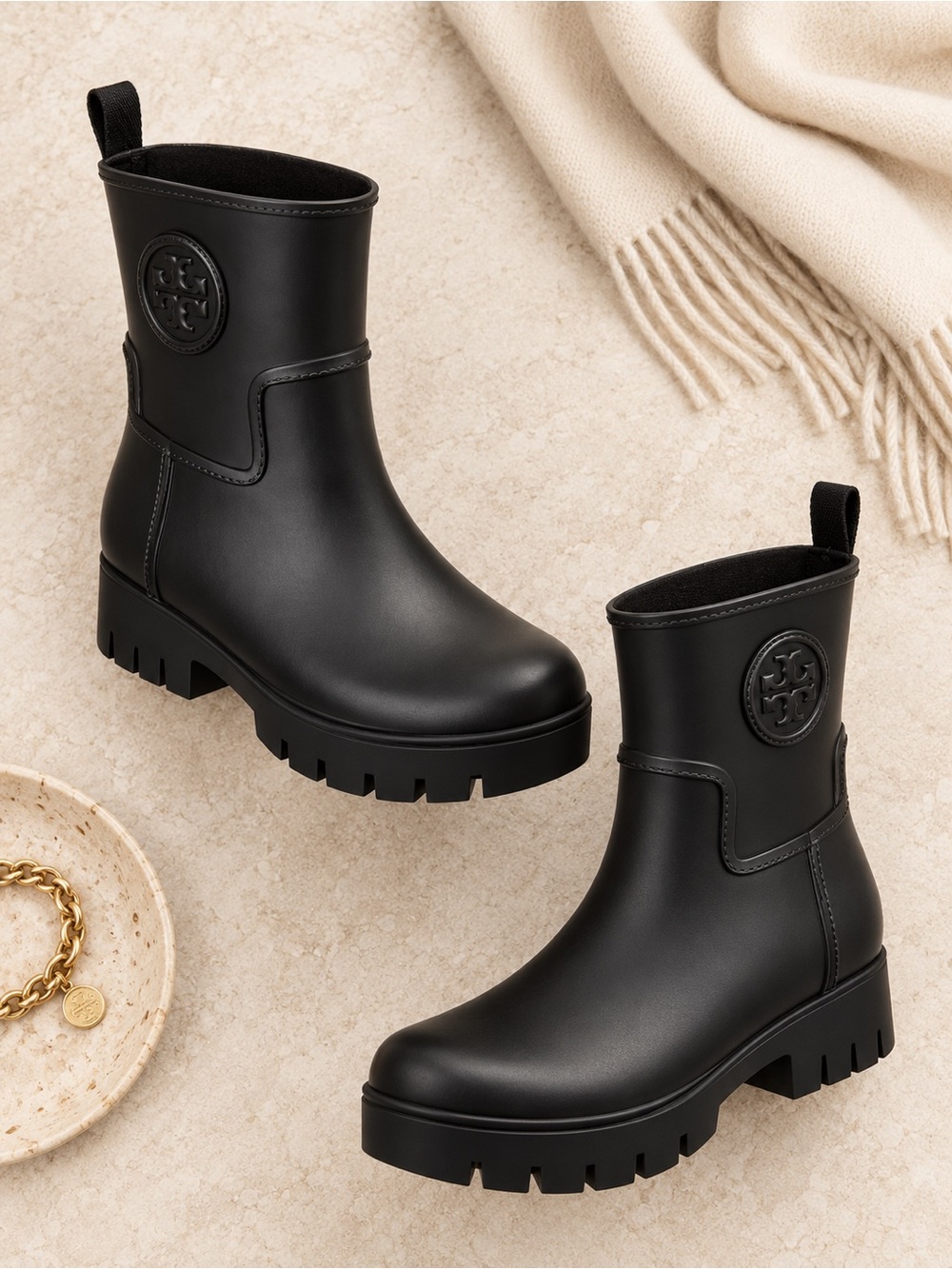 Tory Burch Black Rubber Lug Sole Ankle Rain Boots 11 Gorpcore Moto Waterproof
